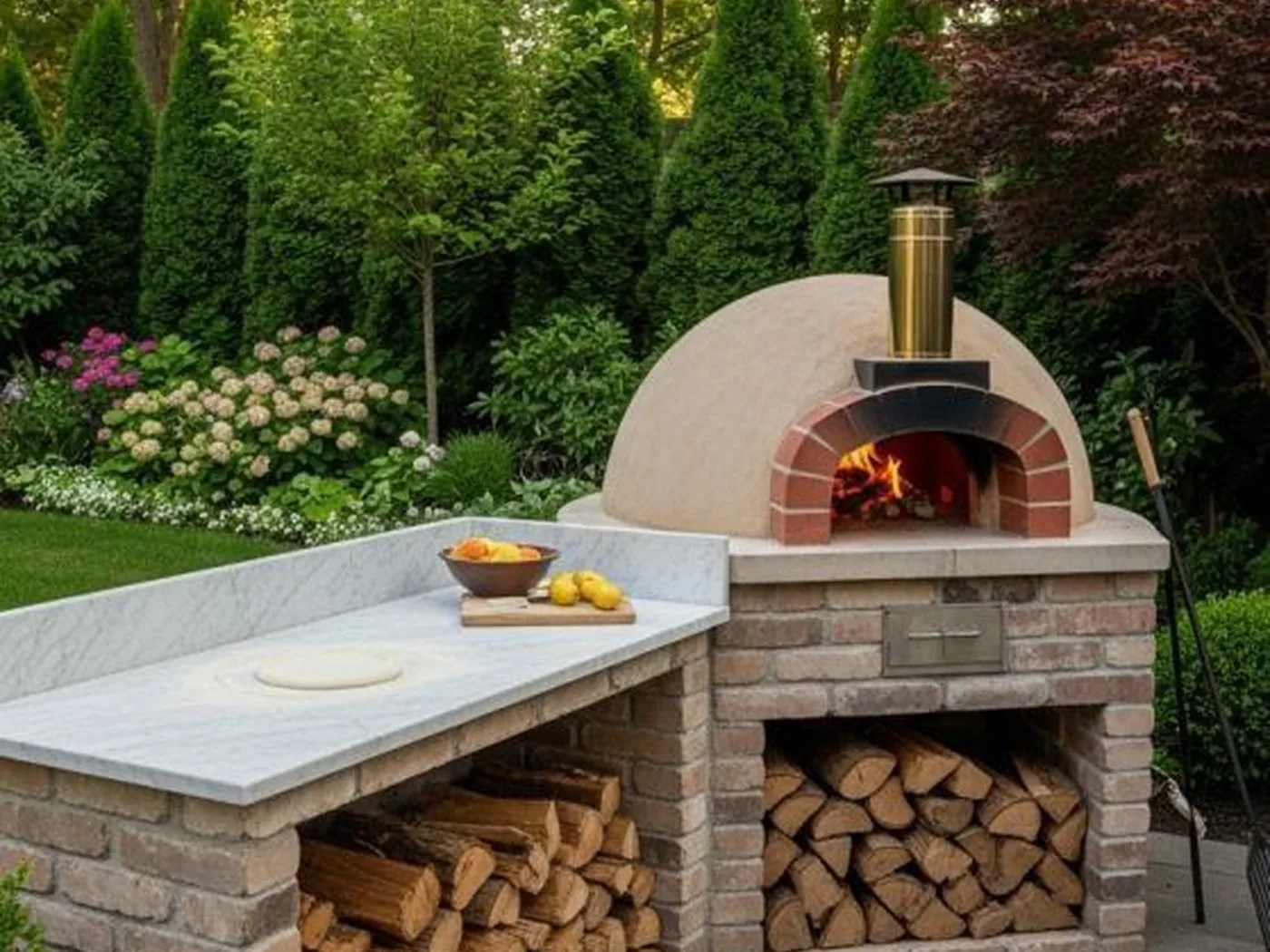 A wood-fired dome pizza oven burning, with split firewood stacked beneath the counter